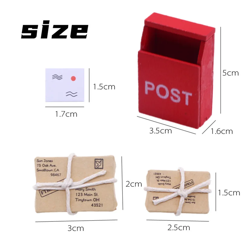 1 Juego de caja de cartas en miniatura para casa de muñecas 1:12, buzón rojo con saco de correo, postales, puerta de jardín de hadas, muebles, decoración de casa, juguete para niños