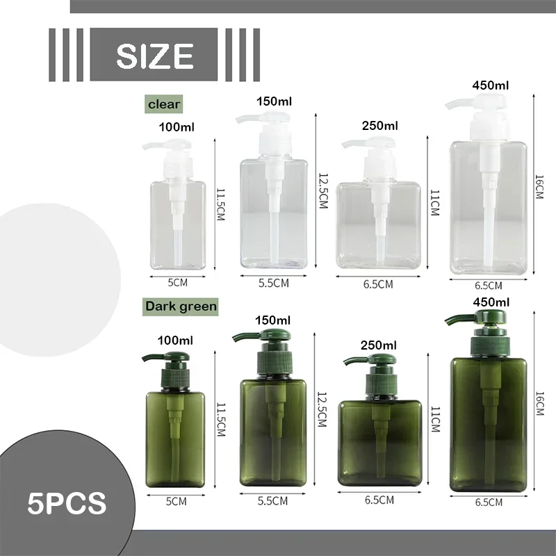 5pcs 100ml-450ml Empty Plastic Press Bottles Pump Bottles Lotion Hand Sanitizer Shampoo Travel Portable Refillable Containers