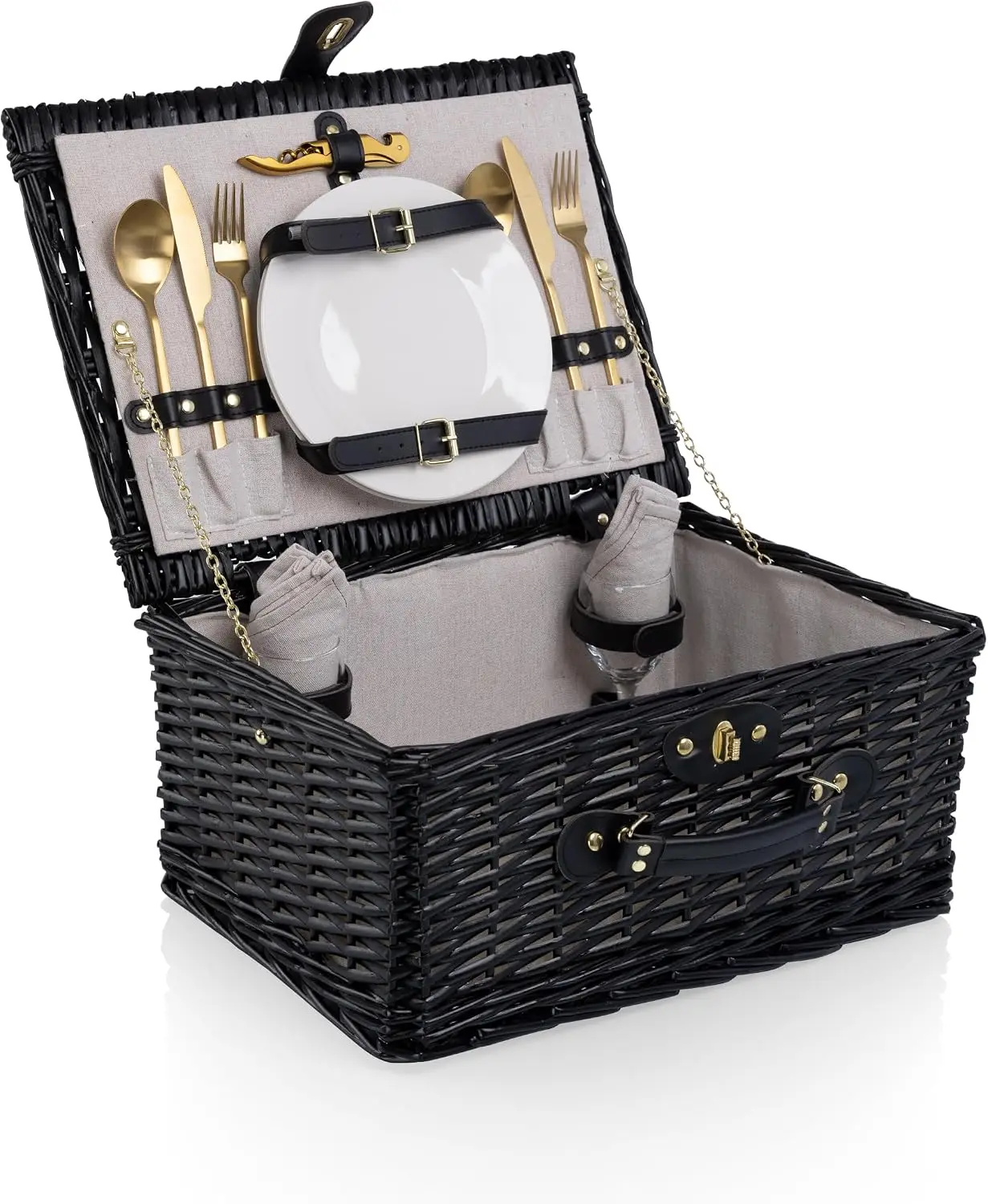 Wooden Wicker Picnic Basket for 2, Classic Romantic English-Style Basket with Deluxe Service for Two, Fully Lined Interior, Leatherette Lid-Locking Buckle and Carry Handle, Black Willow
