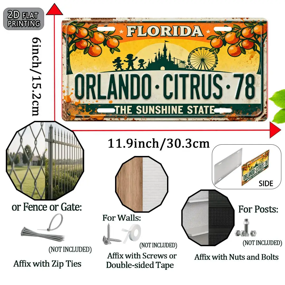 2D Flat - [2D Flat] 1pc Vintage Aluminum Sign | 2D Flat, Decorative Plaque, 29.97x14.99 cm, USA Florida Orlando Citrus Style, Re