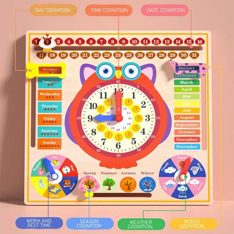 Modèle d'horloge en bois fuchsia aide, horloges d'apprentissage Montessori avec cartes, jouet Kindergartner pour jeu, mur de salle de jeux d'interaction