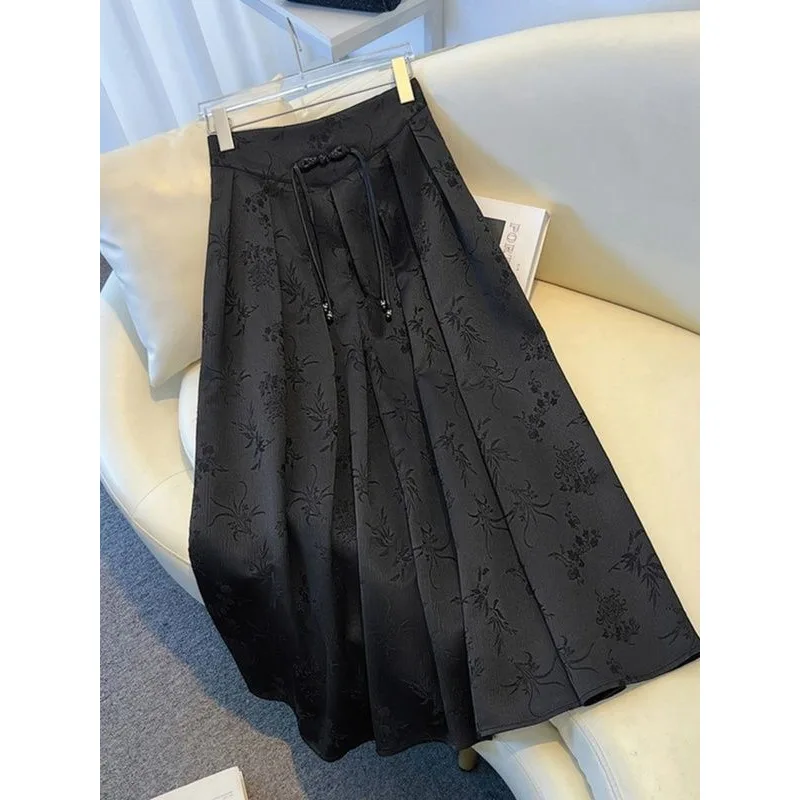 Women's Black Floral Emed Pleated Midi Skirt High Waist Drawstring Decor A-line Casual Daily Office Elegant Long Skirt