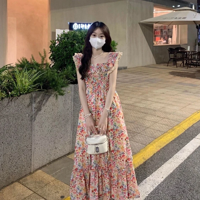 French Heavy Industry Floral Square Collar Lotus Leaf Hem Dress Women Summer  Petite girls Slim A-line Mid length version