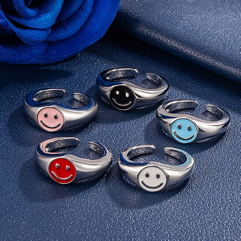 Cute and Colorful Enamel Smiling Face Adjustable Open Ring - Cartoon Happy Smile Finger Ring -  Style Multi-layered Jewelry Gift