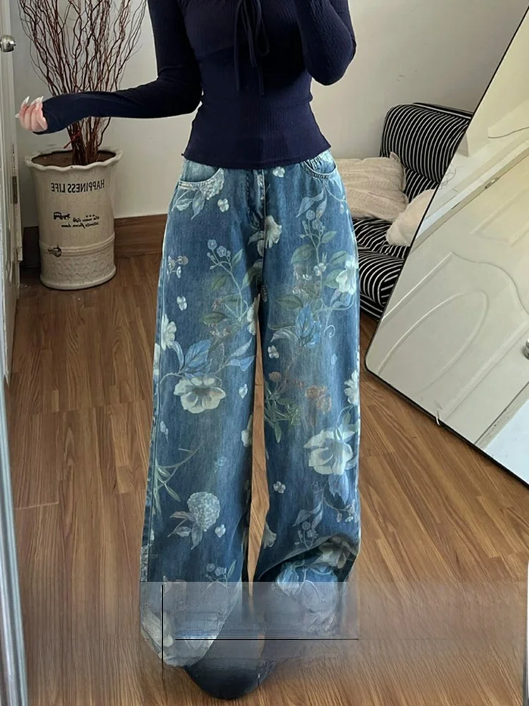 

Джинсовые брюки с высокой талией и широкими штанинами с цветочной вышивкой, женские осенне-зимние новые утягивающие джинсы High Street Sle