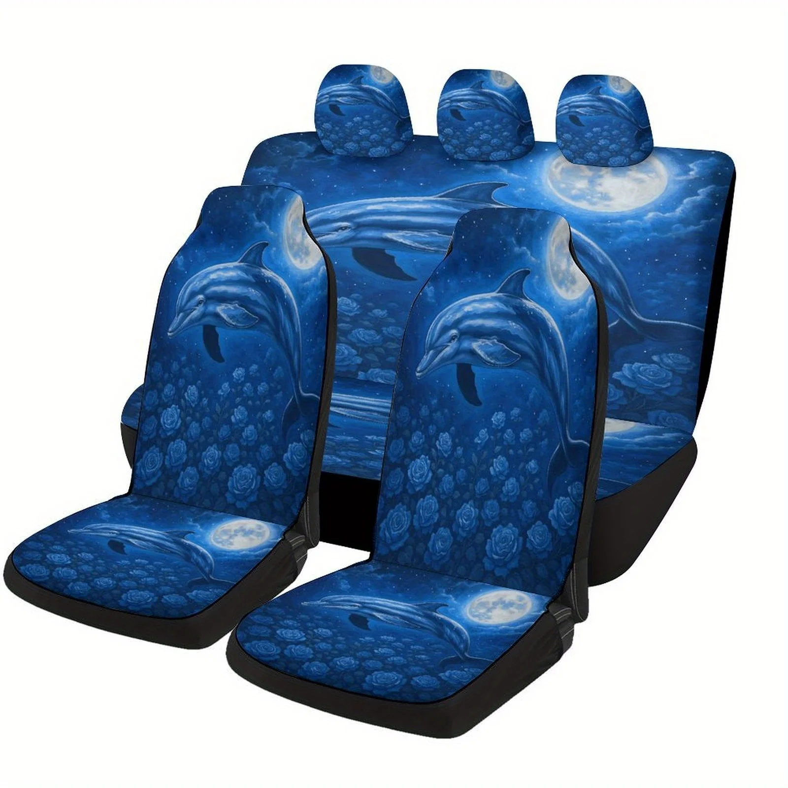 Set Of Car Seat Covers Featuring A Moonlit Dolphin Design, Suitable For Various Vehicles. Stylish And Unique, This Complete Set