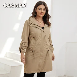 Gasman Herfst Trenchcoat Plus Size Vrouwen Mid-Lengte Riem Capuchon Rits Jas Vrouwen Effen Kleur Windjack Parka GM-8299