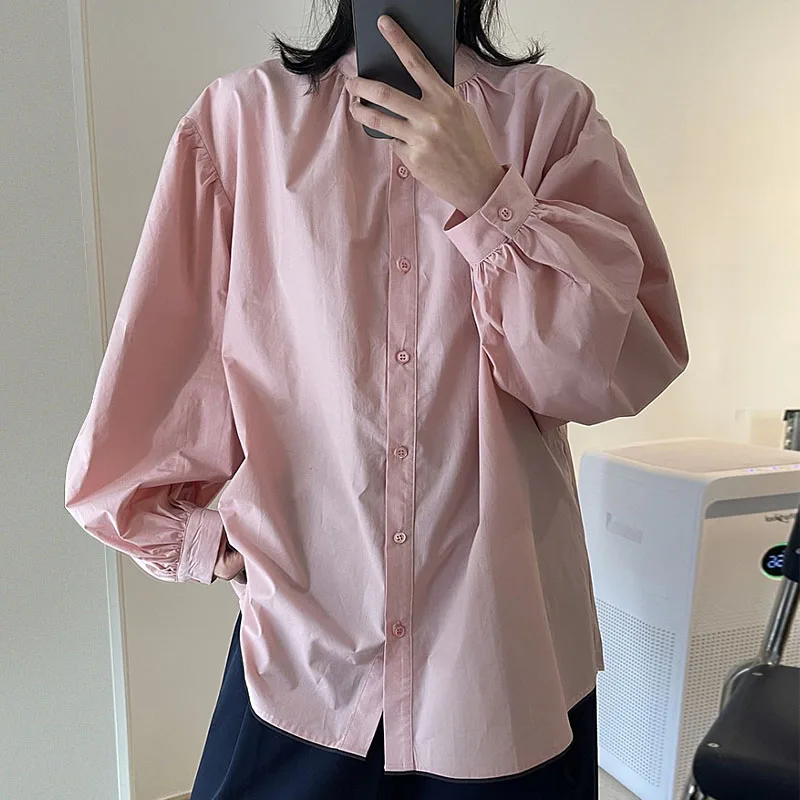Schickes, einfaches Stehkragen-Einzelknopf-loses Laterne Sve Color irt Damen Faion Autumn Pink Vielseitiges Top