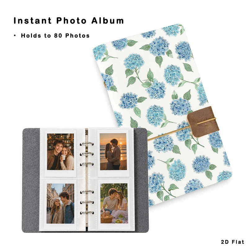 Blue Hydrangea Floral Instant Photo Album Holds 80 Photos 6‑Ring Binder Photo Book for Family Travel Couple Wedding Memory Stora