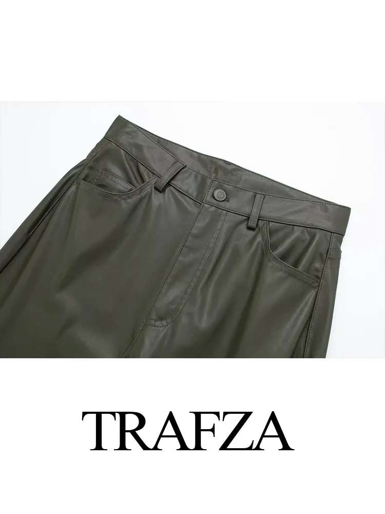 Imagem -03 - Trafza-calça Casual de Couro Sintético para Mulheres Streetwear de Cintura Alta Bolsos Laterais Vintage Perna Larga Zíper Monocromático 2023