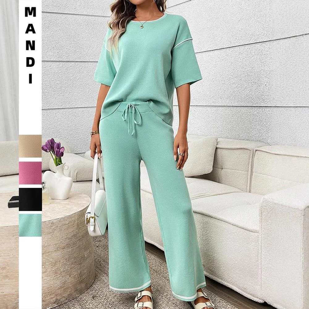 

Casual Ice Silk Sweater Short Sleeve Set Cross-Border TK Women's Fashion Set Minimalist Style Pure Color Nine-Piece Pants