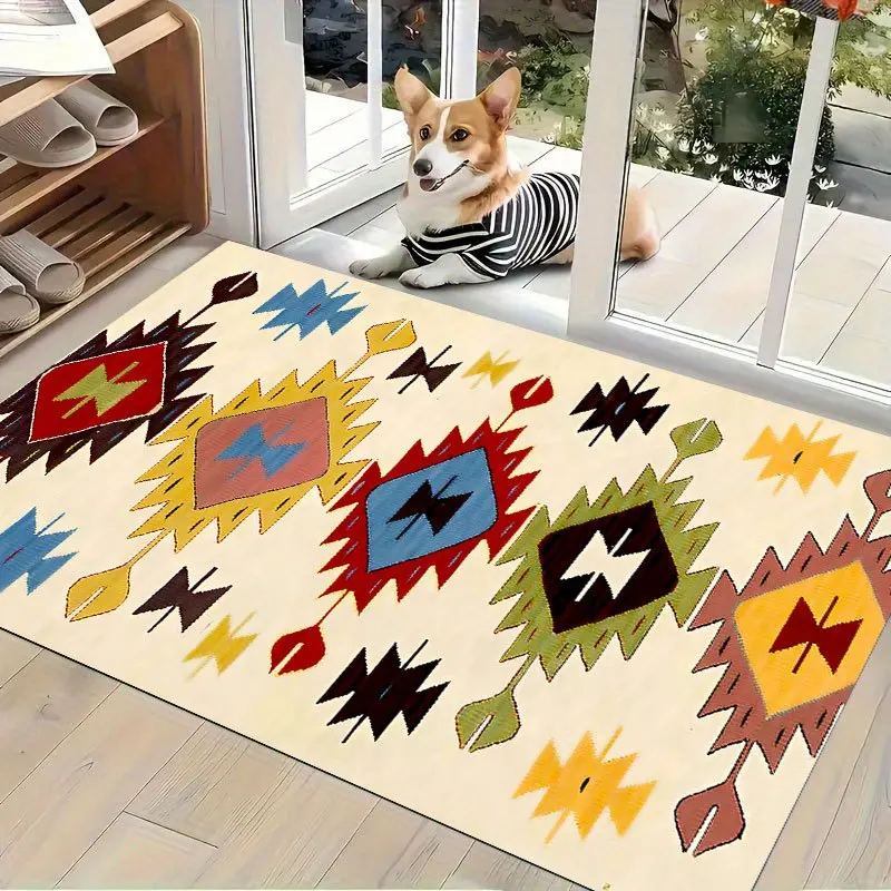 Authentic ethnic style floor rug featuring traditional symbols and vibrant palette ideal for café walls supermarket displays