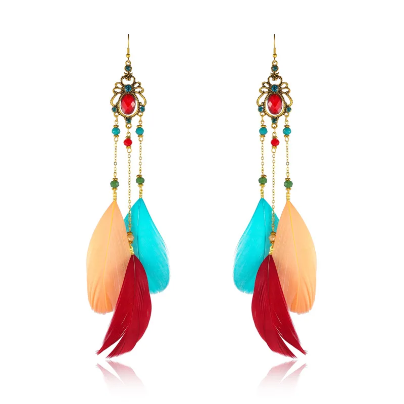 Neue Böhmische Kristall Kupfer Kette Feder Lange Tropfen Ohrringe für Frauen Retro Gypsy Ethnische Temperament Gold Farbe Schmuck Geschenk – Detail 3