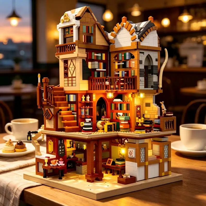 Book House Building Blocks, Multi-layer Bookstore Layout, DIY Assembly, Desktop Decor, Nice Birthday Holiday Gift.