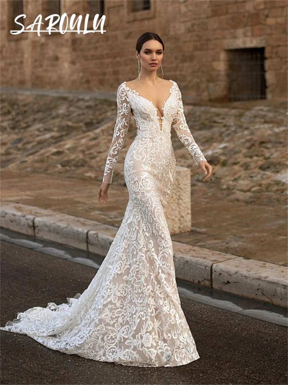 

Full Lining Lace Mermaid Bridal Gown For Women Long Illusion Sleeves Bride Dress Court Train Deep V Neck Wedding Gown