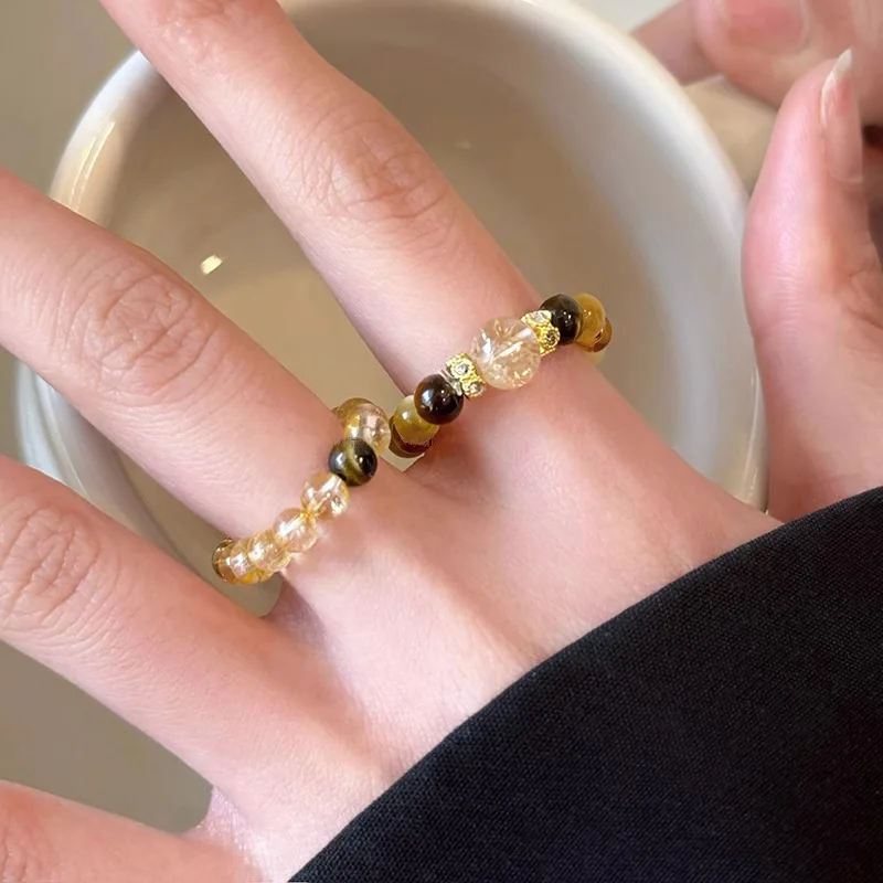 Beaded Ring Yellow Rutilated Quartz Cubic Zirconia Stackable Index Finger Delicate Premium Lightweight Versatile Daily Jewelry