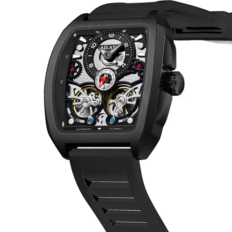 2026 AILANG New Mechanical Tonneau Watch Men Top Luxury Double Flying Wheel Watch Sapphire Glass Waterproof Watch Silicone