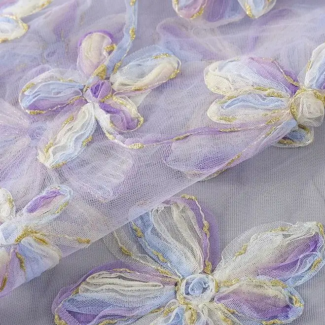 

Multicolor shiny thread 3D floral embroidered lace mesh fabric for wedding dress fabric, designer fabric by meter