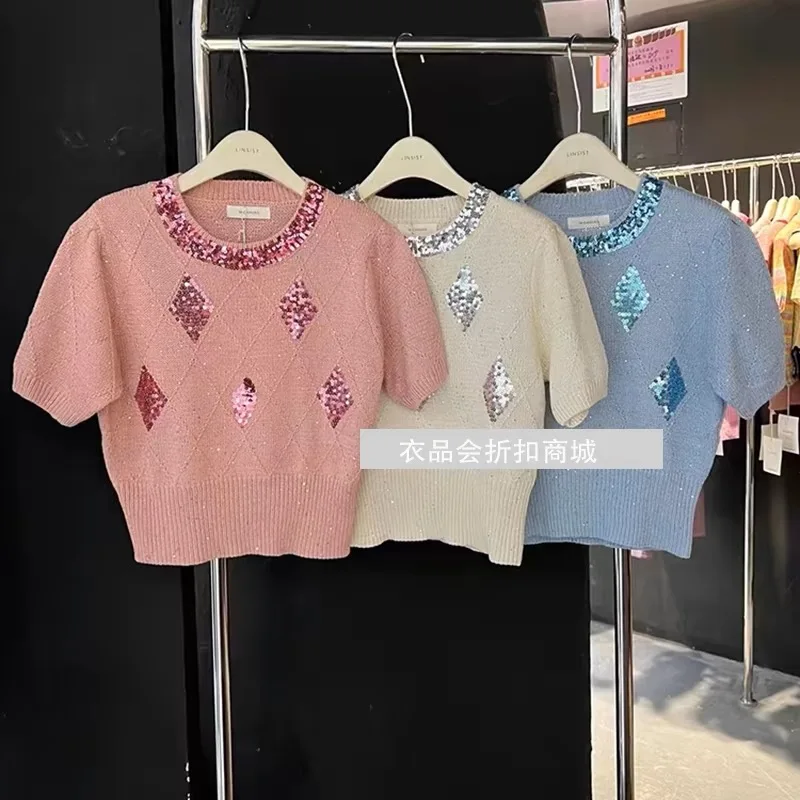 2024 Summer Sequins Sweater Women Knit T-shirt Pullovers Elegant Korean Style Chic Ladies Top Tees Short Sleeve Knitwear Jumpers