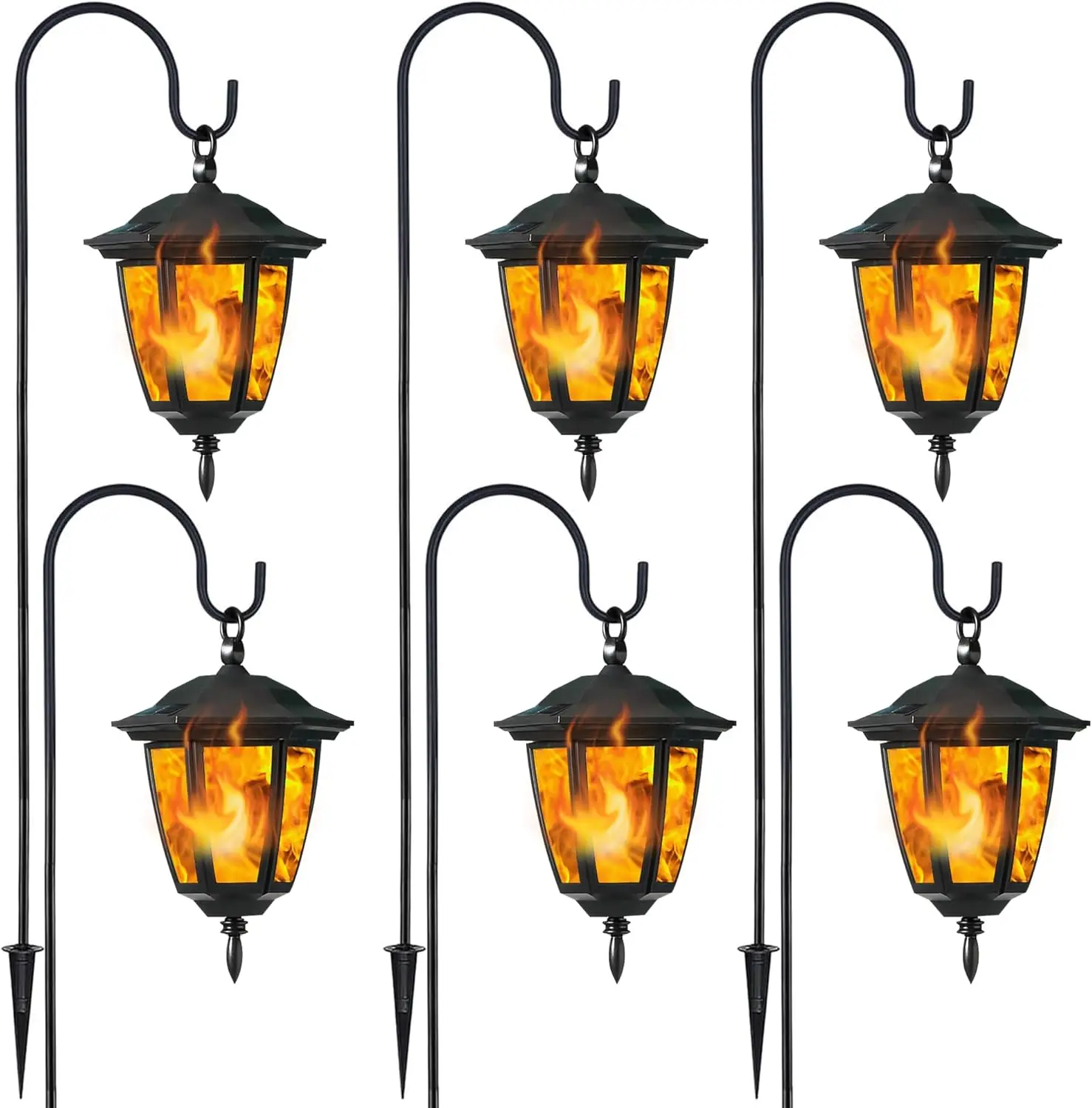 

6 Pack Solar Flame Lights, 38' LED Garden Lanterns with Shepherd Hooks for Outdoor Halloween & Christmas Decor