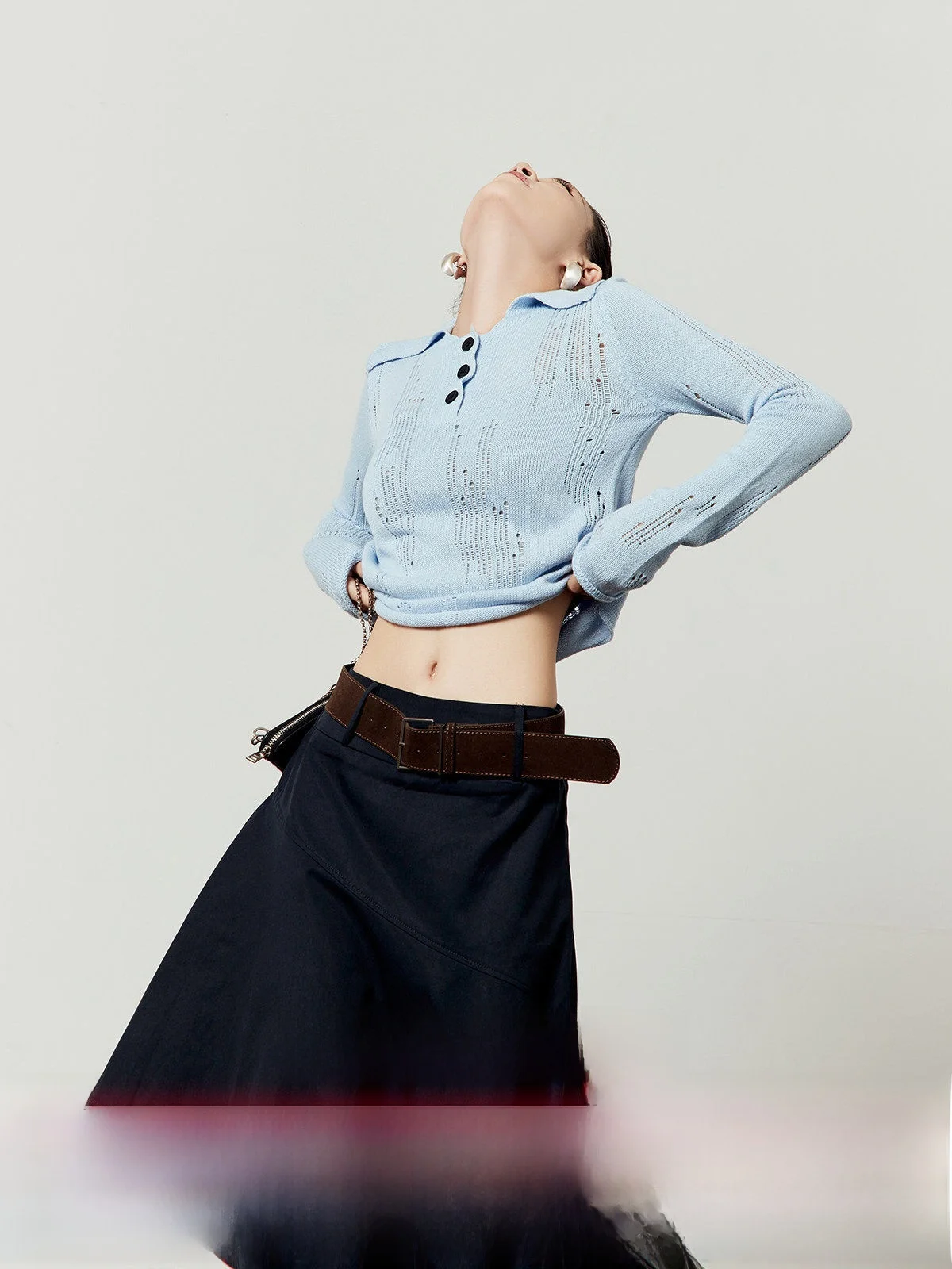 

Women'S Blue Knitted Top Hollow out Design Slim Fit Turn down Collar Casual Sle Long Sve ort Length Knitwear