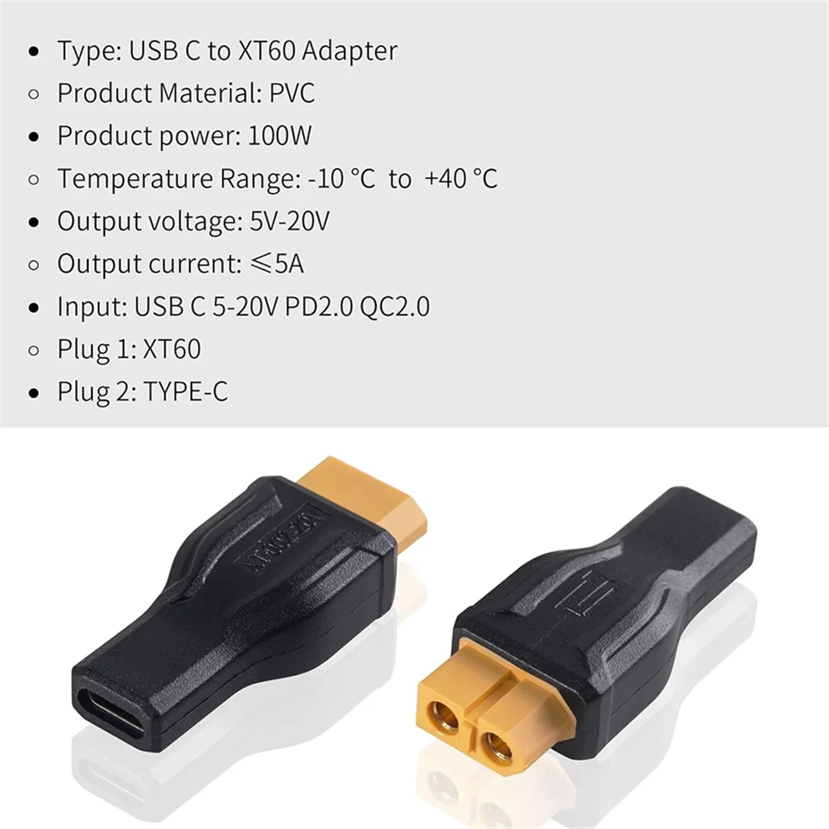 A25U2PCS Adattatore da USB C a XT60 da tipo C a XT60 femmina 100W 20V/5A Connettore di ricarica per modello RC Alimentazione di accumulo di energia