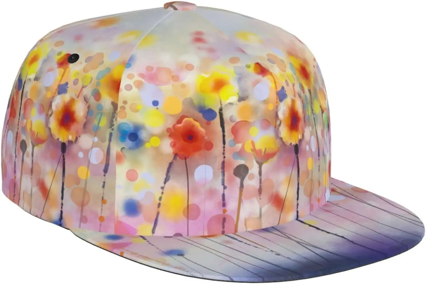 Watercolor Poppy Flower Design Flat Bill Hat, Unisex Snapback Baseball Cap Hip Hop Style Flat Visor Blank Adjustable Blac