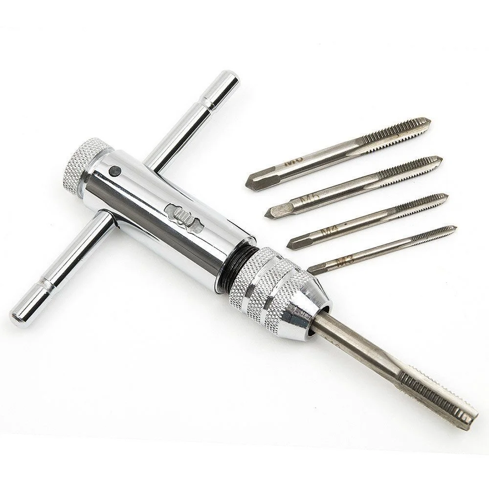 5pcs M3-M8 3mm-8mm Adjustable Silver T-Handle Tapping Screwdriver Wrench Thread Tapping Hand Tool Set drill hole wood