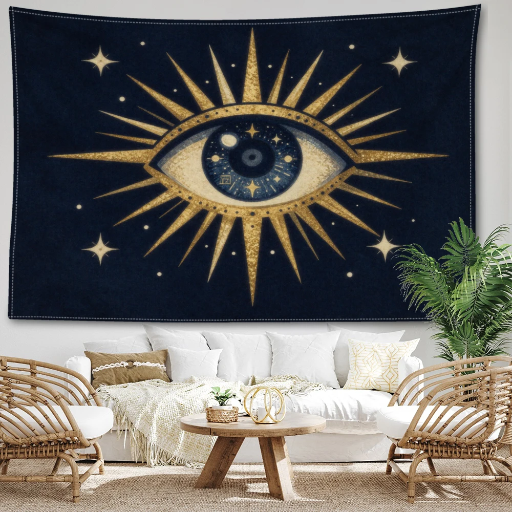 Navy Blue Golden Evil Eye Star Rays Wall Tapestry, Symmetrical Boho Decor