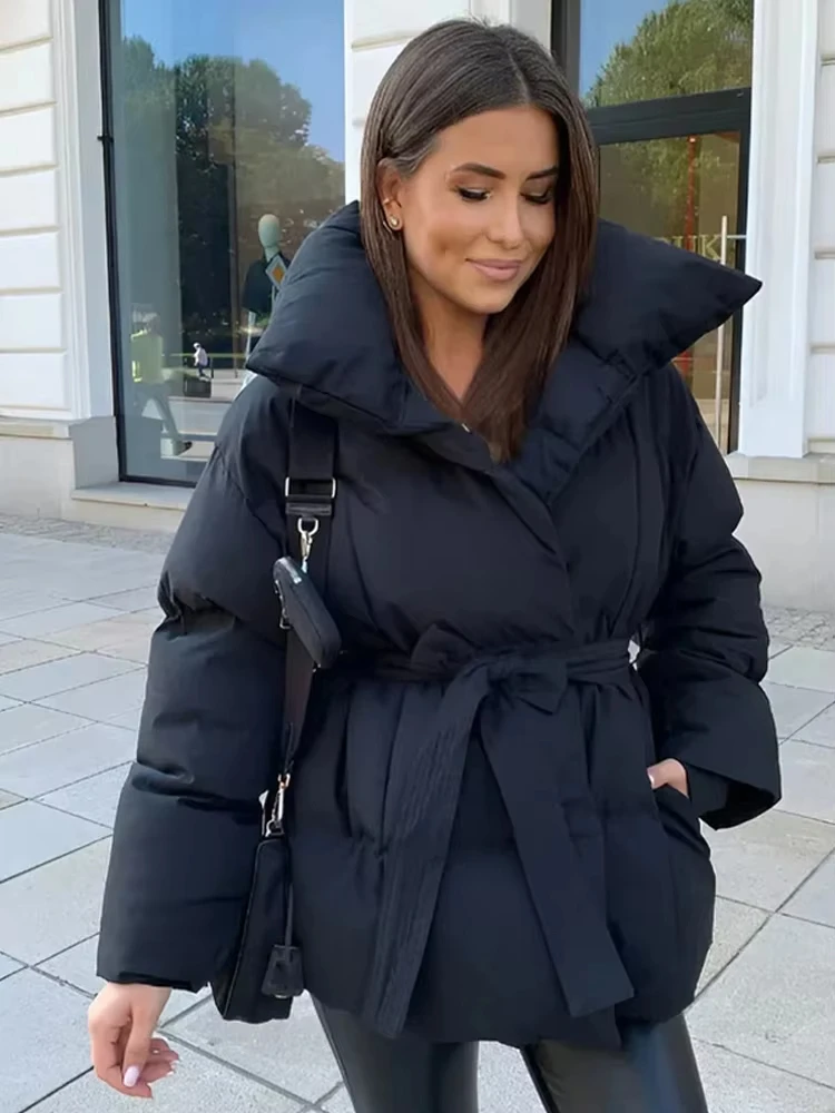 Solid Color Lapel Tied Cotton Coat Women Fashionable Long Sleeved Waist Cinched Warm Jacket Lady Casual Commute Winter Outwear