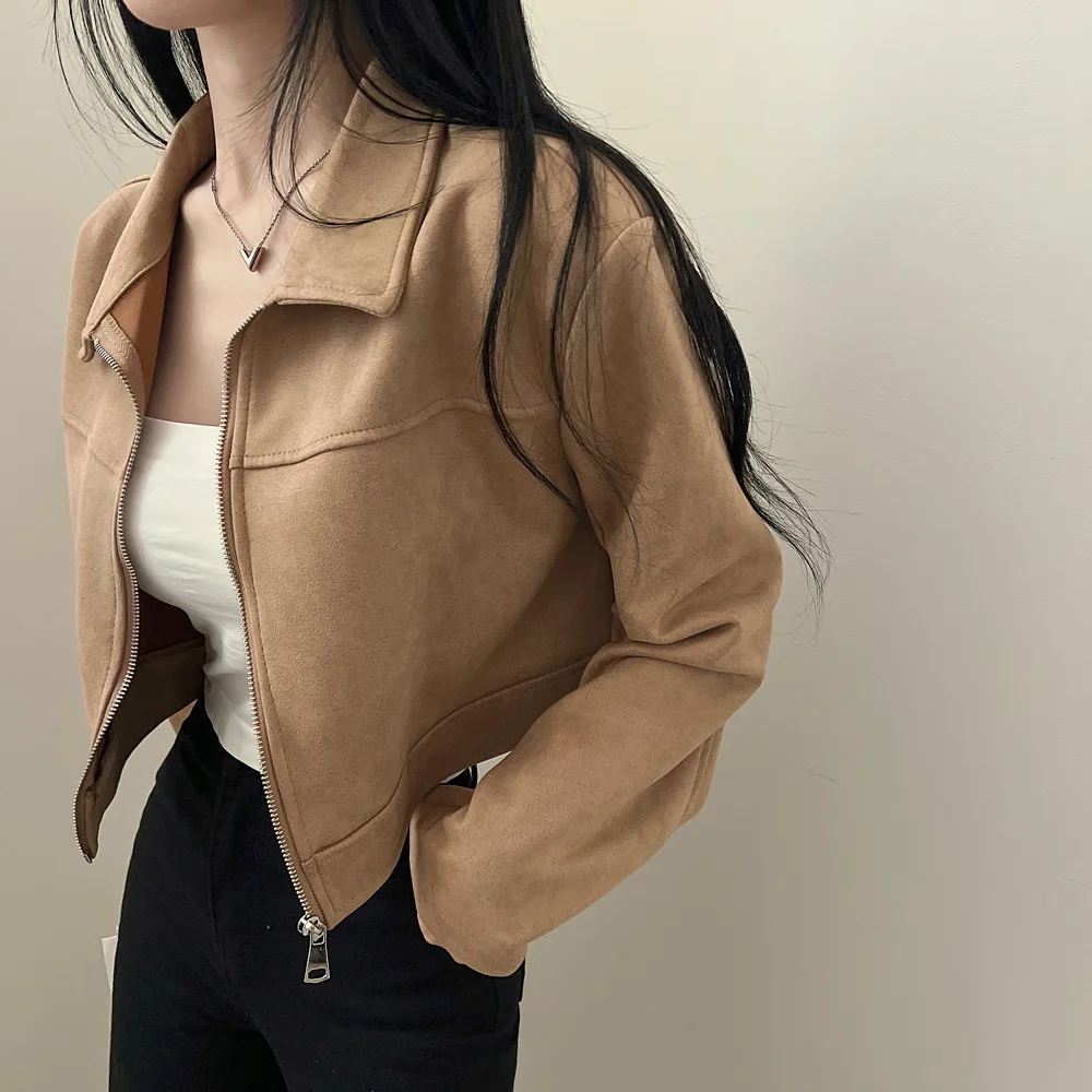 Women Cropped Jacket Zip Up Lapel Collar Utility Pockets Long Sleeve Khaki Bomber Motorcycle Outerwear Vintage Streetwear