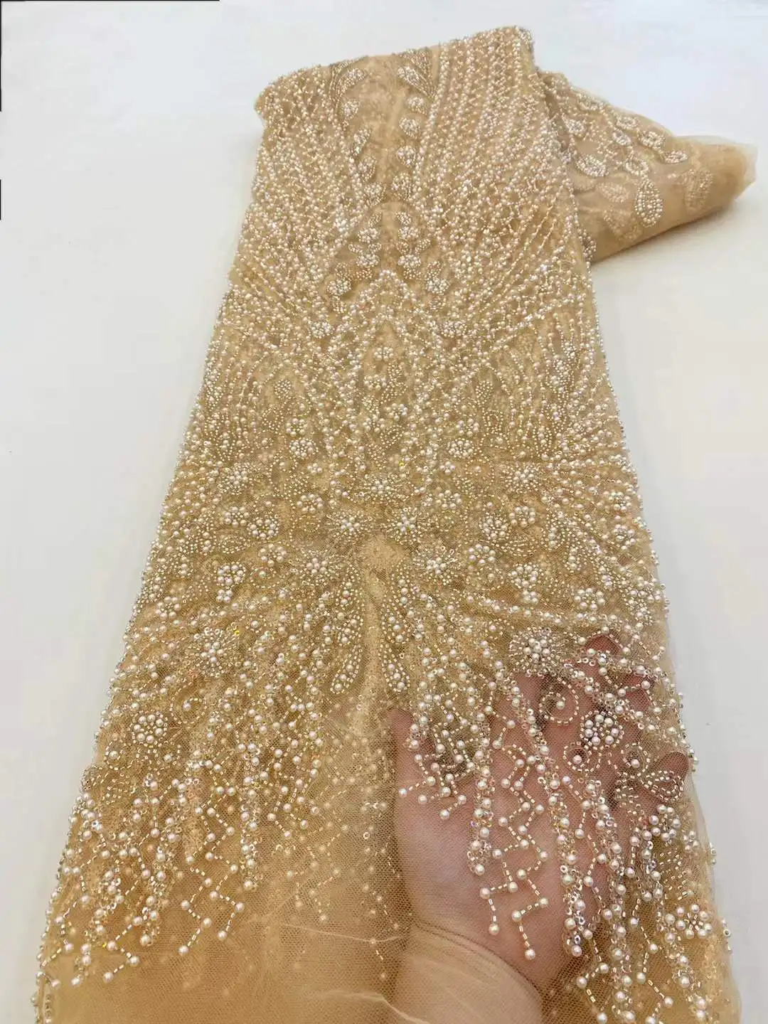 

Luxury Nigerian African Beaded Groom Lace Fabric 2025 High Quality French Mesh Lace Fabric Party Wedding Dress Material