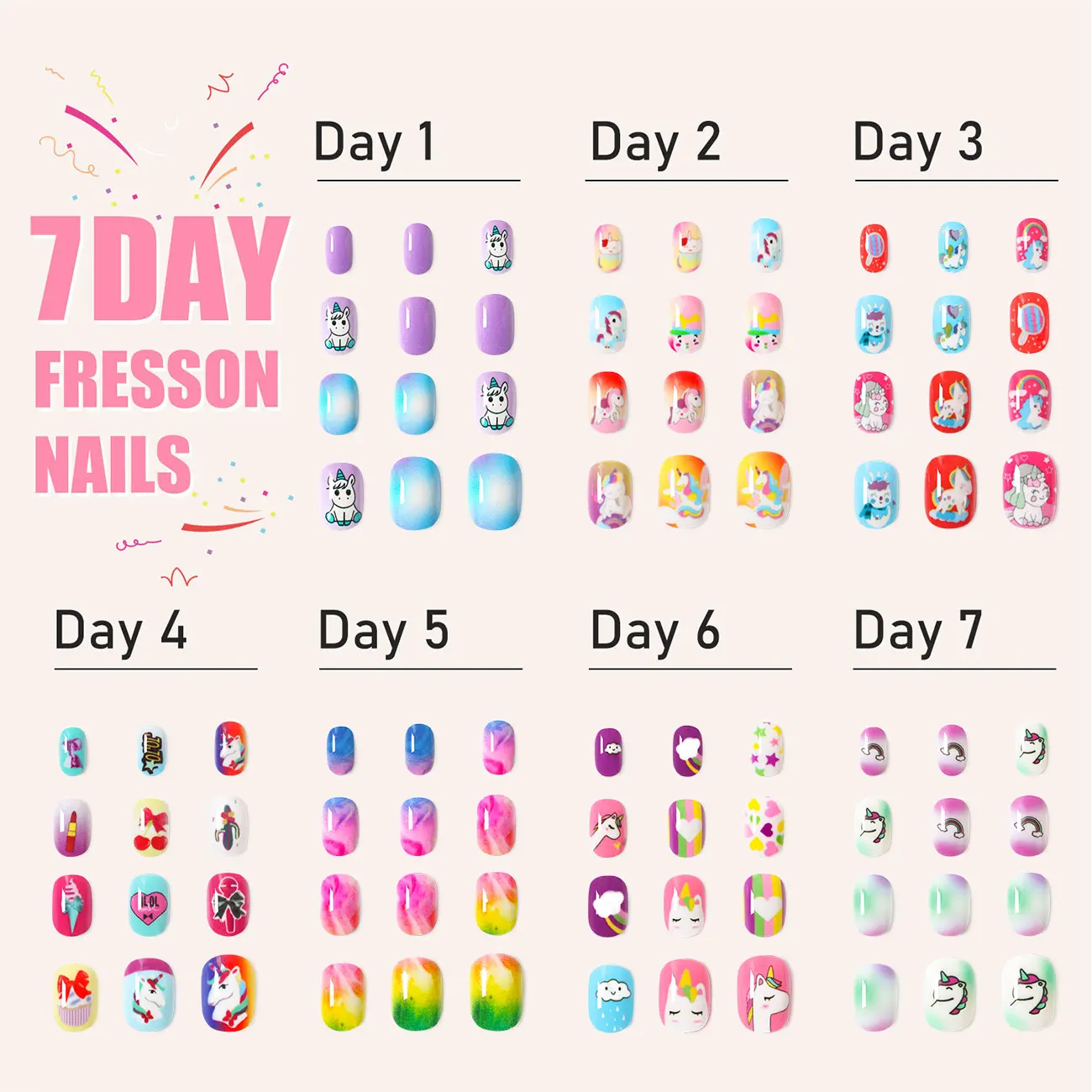 84pcs Unicorns Kids False Nails Candy Color Cute Full Cover Fake Nail Tips Rainbow Design Press On Nails For Girls