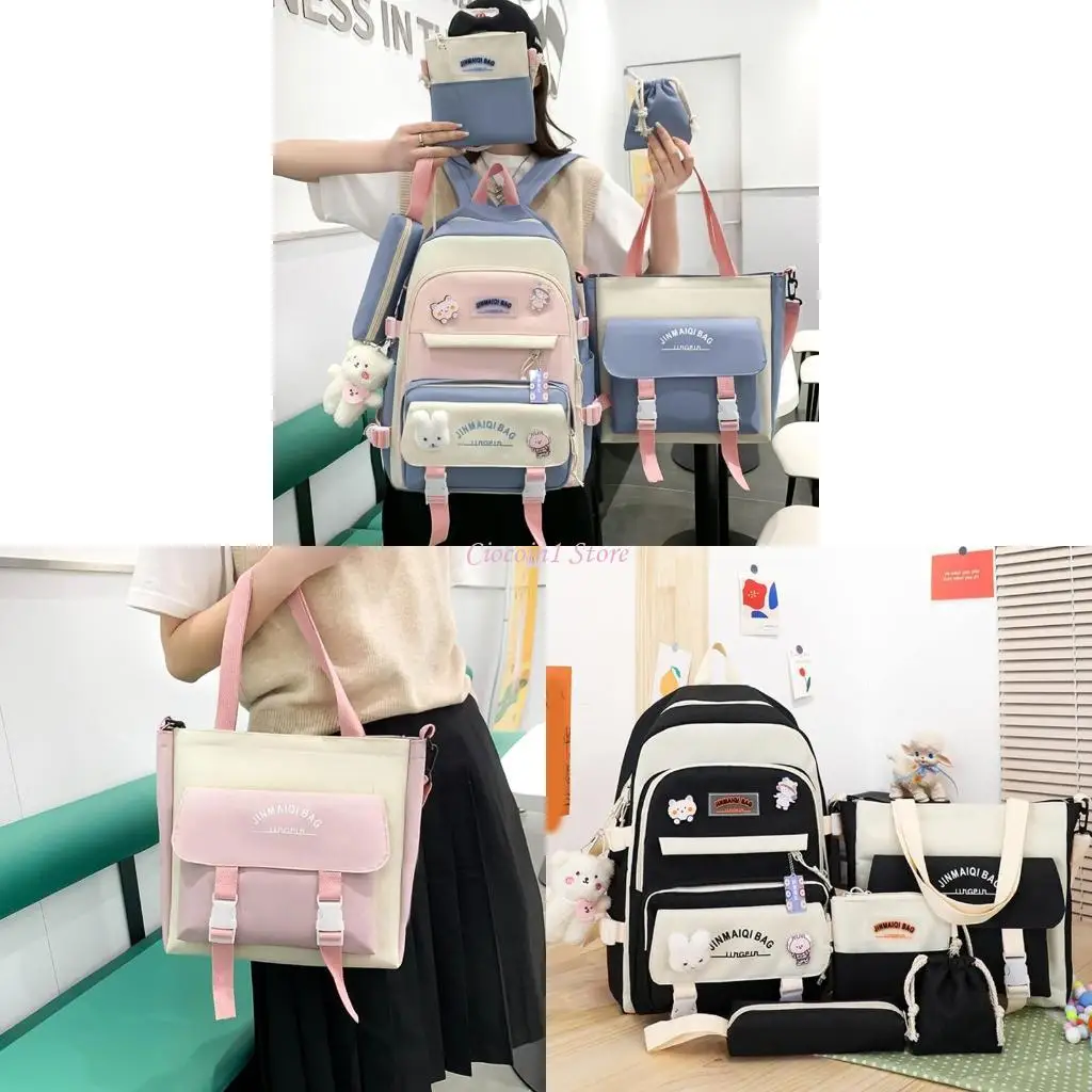 

5 шт., набор рюкзаков для девочек средней школы, сумка для девочек с карандашом для чехла, подвеска в виде медведя, милые булавки, декор