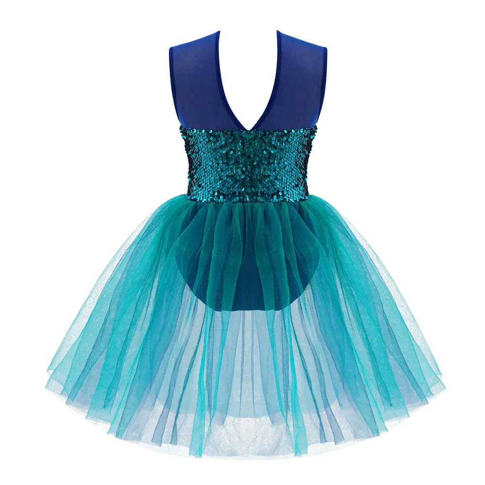 Kids Girls Ballet Dress Shiny Sequins Ballerina Tutu Mesh Dress Sleeveless Gymnastics Leotard Figure Ice Skating Costume