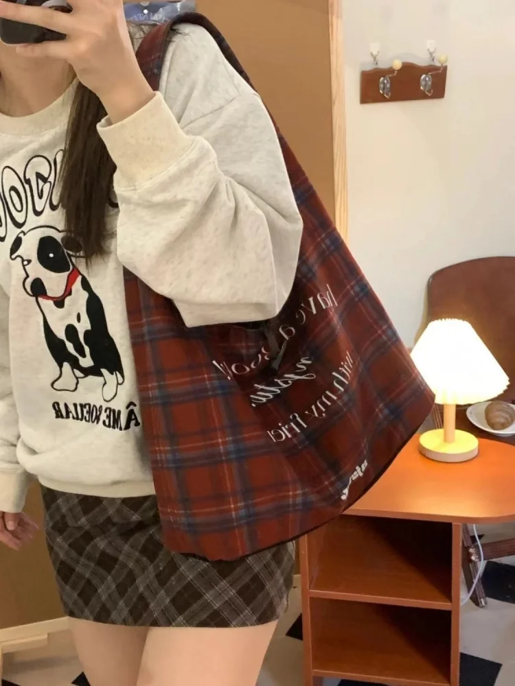 Lettere stampa Plaid Vintage Tote Shoulderbag borsa ascellare Y2k borse estetiche tutte le borse abbinate