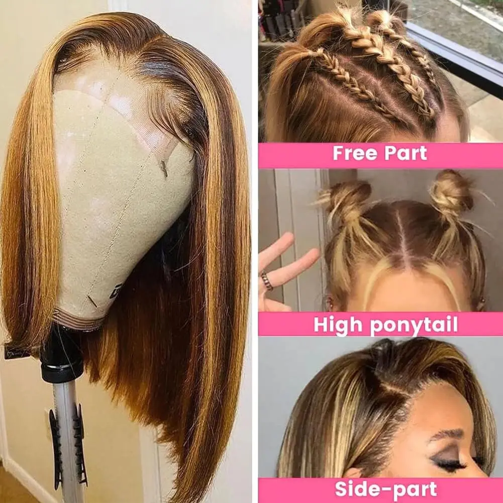 427 ハイライトボブウィッグ人毛ストレート13x4 HDレースフロントプレプラッキング済み200%密度オンブレハニーブロンドブラウンショートボブウィッグ