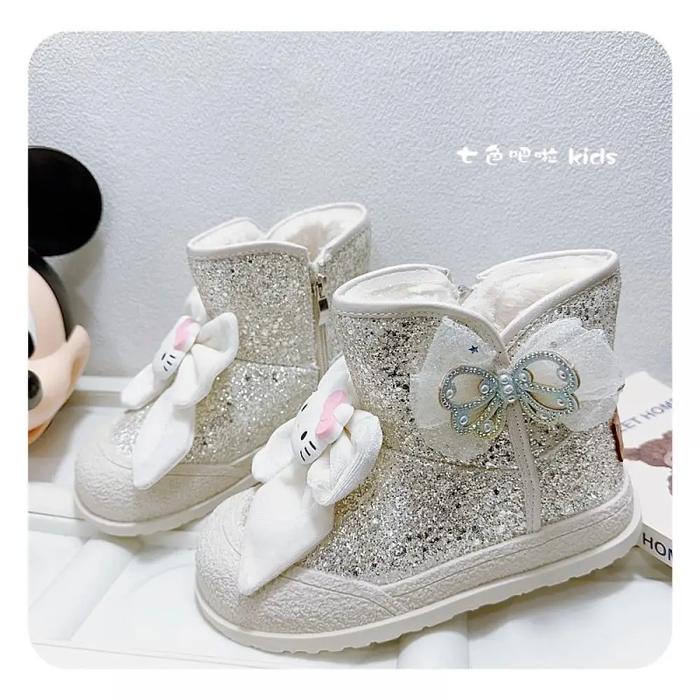 Kawaii Hello Kitty Kids Girls Snow Boots Sanrio Anime Winter New Cartoon Princess Bow Outdoors Non-Slip Waterproof Short Boots