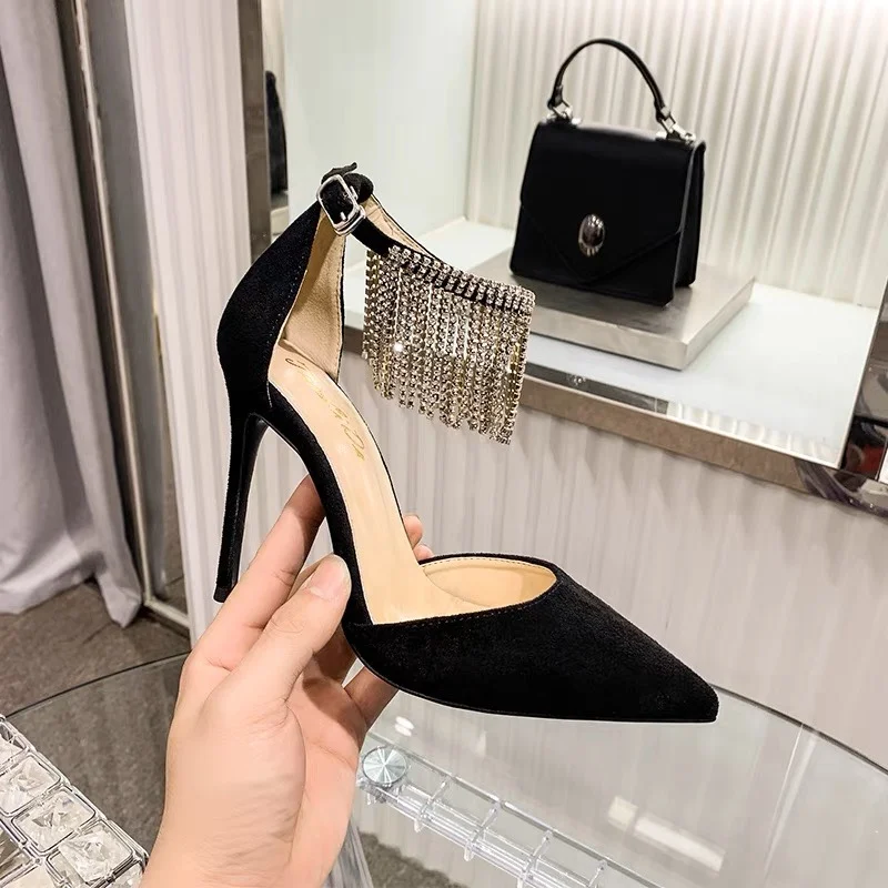 

new tassel rhinestone high-heeled shoes for women with thin heels,black pointed toe,plus one stripe,fairy style leather sandals