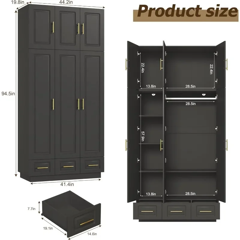 Large Armoire Wardrobe Closet Cabinet with Drawers and LED Lights, Multi-Tier Shelves, Hanging Rod, Large Capacity Storage