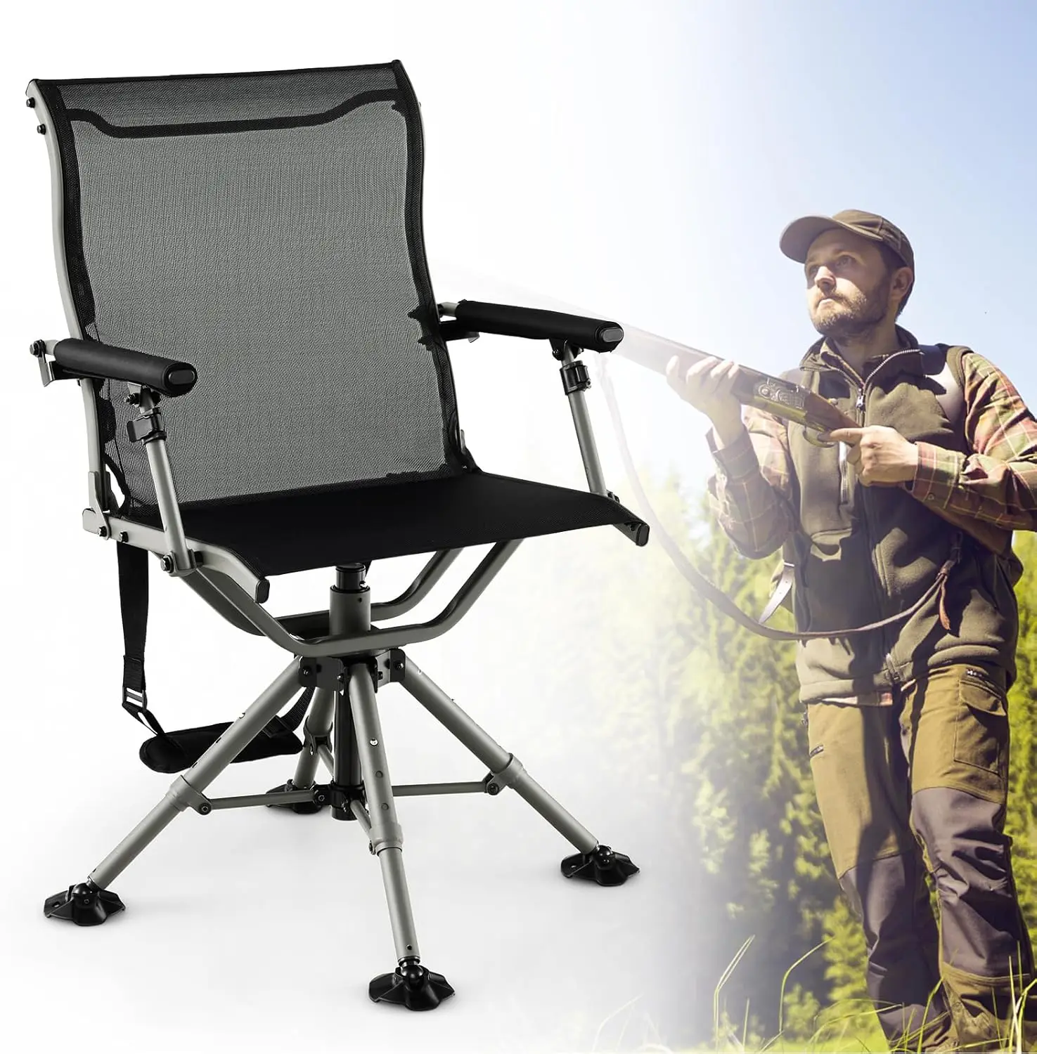 Tangkula Hunting Chair, 360 Degree Silent Swivel Blind Chair with 4 Adjustable Legs, Foot Pads & Armrests, Portable Folding Hunt