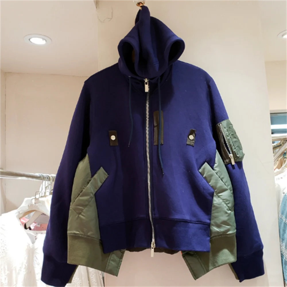 2023 autumn and winter new loose spliced thickened coat women\'s casual color zipper hooded