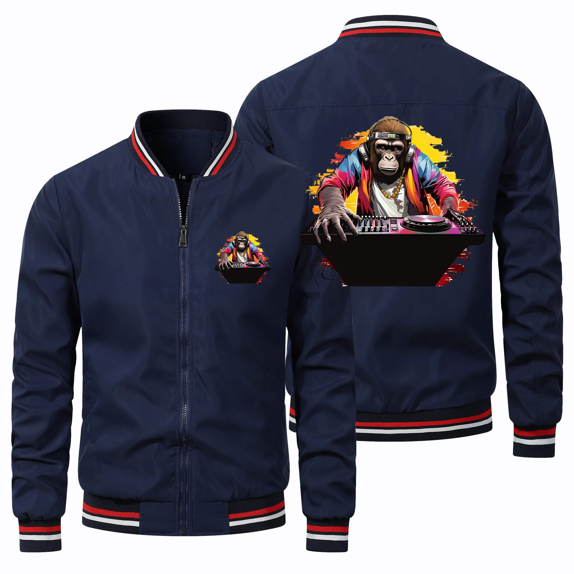 

Fall Men's Round Neck Baseball Jacket Jacket Orangutan Dj Print Pattern Jacket Jacket Men's Biker Jacket Oversized Aviator Jacke