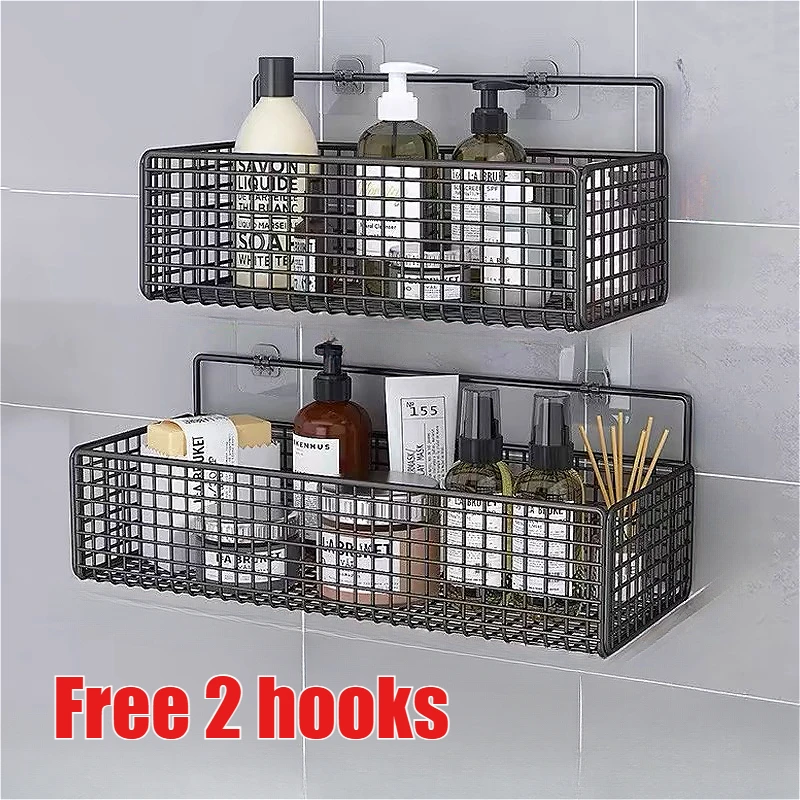 

Non Perforated Bathroom Shelf Storage Basket with Hooks for Wall Storage Toiletries Shampoo and Shower Gel Storage