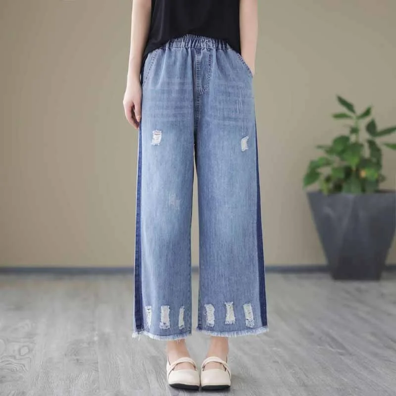 Jeans For Women Embroidery Korean Fashion Elastic Waist Wide Leg Pants Casual Ripped Hole Denim Ankle-Length Pants