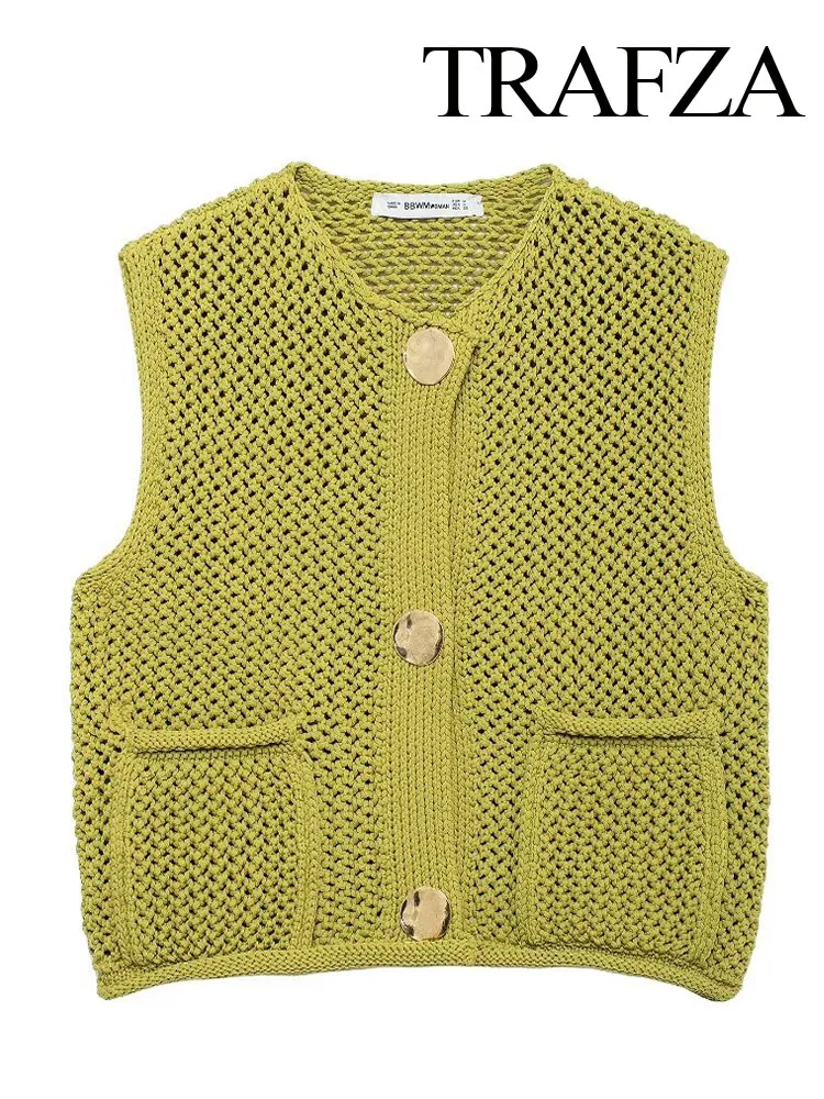 TRAFZA Women Autumn Fashion Sweater Tops Green O-Neck Sleeveless Pockets Single Breasted Female Casual Loose Knitted Tops