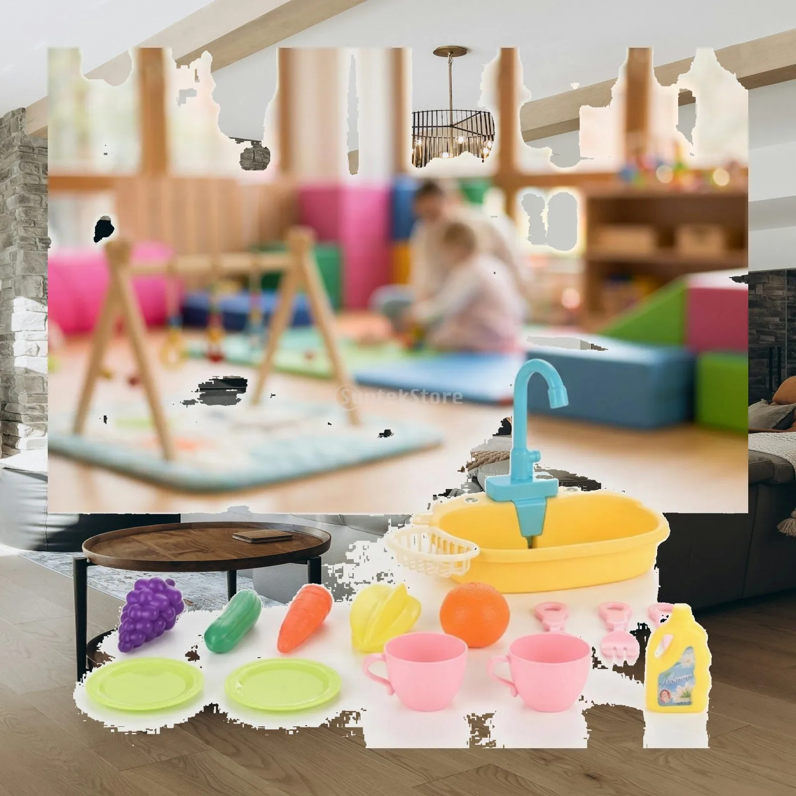 Children Kitchen Dishwash Sink Toy with Molded Storage and Water Play Faucet for Kids Kitchen Set