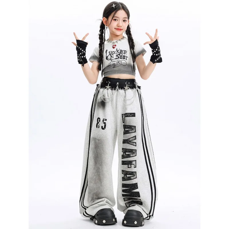Girls Hip Hop Dance Outfit Printed Crop T-Shirt Loose Jogger Pants 2Pcs Streetwear Kids Jazz Group Practice Stage Performance