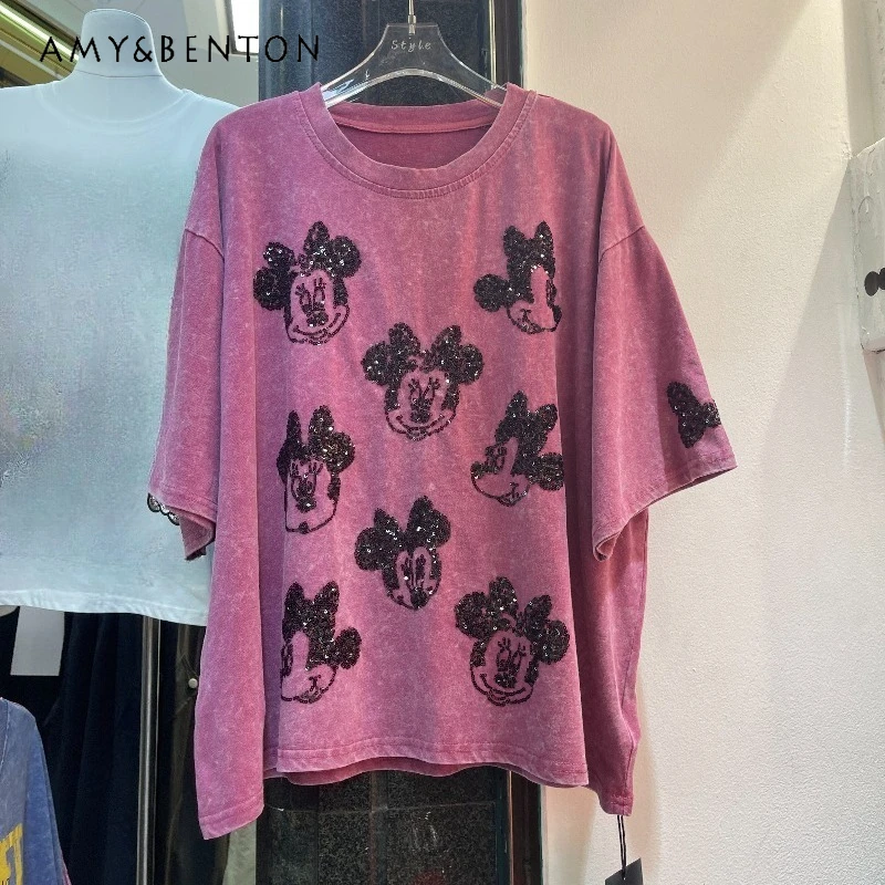 

2026 Spring Summer New Heavy Industry Beads Cartoon Head Short-sleeved T-shirt Women's Korean Style Age-reducing Versatile Top