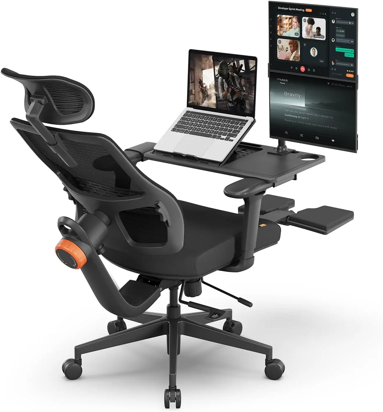 

Подлокотники 4D, динамическая поясничная опора, подставка для ног ComFootrest и 136 ° Кресло руководителя с высокой спинкой для домашнего офиса (с подставкой для ноутбука)